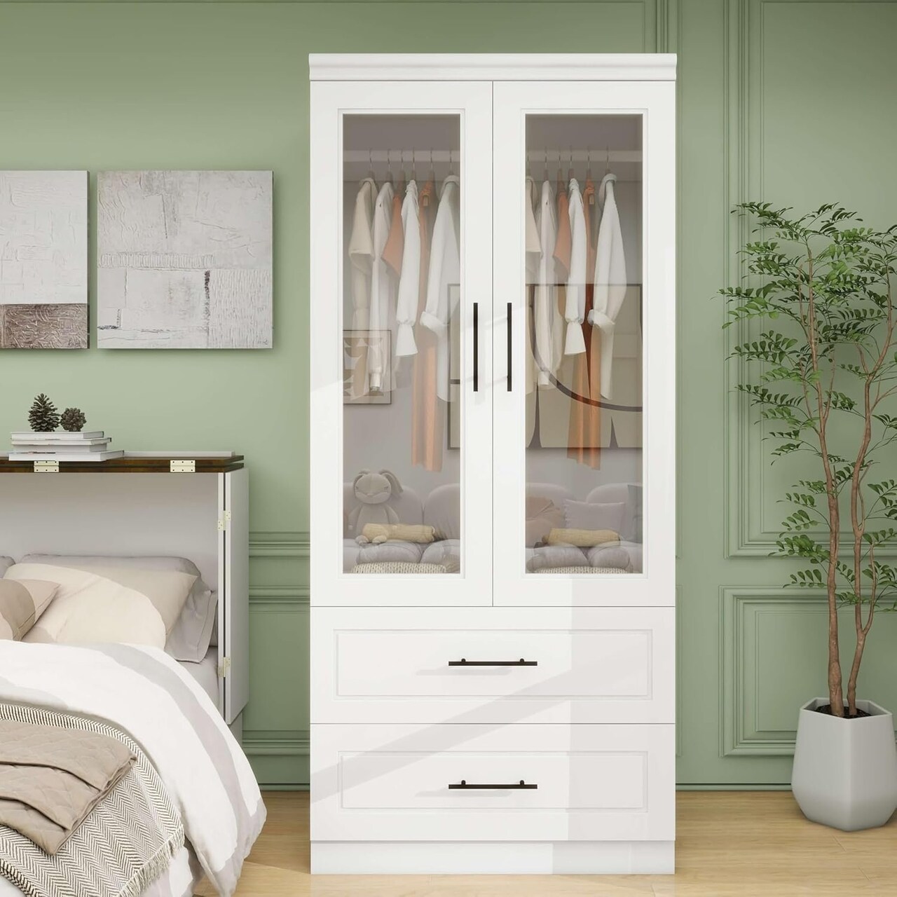 Wood Closet Wardrobe 71 Inch With 2 Drawers White Armoire Hanging Rod Storage